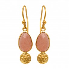  925 Sterling Silver Jewelry  Oval Shape Peach Moonstone   Gemstone Gold Plated Earrings