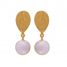 Rose Quartz Round Shape Gemstone 925 Sterling Silver Gold Plated Earring Jewelry