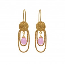  925 Sterling Silver Jewelry    Pear Shape Rose Chalcedony   Gemstone Gold Plated Earrings