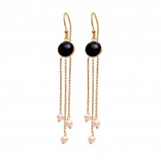 Black Onyx & Pearl 925 Silver Jewelry Gold Plated Earrings