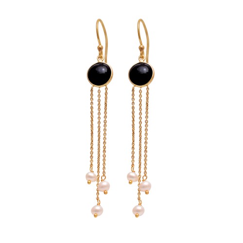 Black Onyx & Pearl 925 Silver Jewelry Gold Plated Earrings