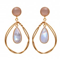  925 Sterling Silver Jewelry  Round Shape Peach Moonstone Pear Shape Rainbow Moonstone Gemstone Gold Plated Earrings