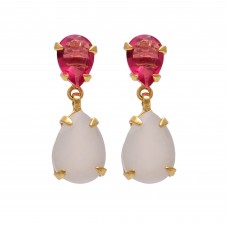 Pear Shape Pink Quartz  & White Moonstone Gemstone 925 Sterling Silver Gold Plated Earring 