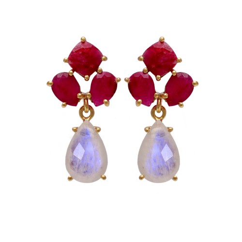  925 Sterling Silver Jewelry  Cushion & Pear  Shape Ruby Pear Shape Rainbow Moonstone Gemstone Gold Plated Earrings