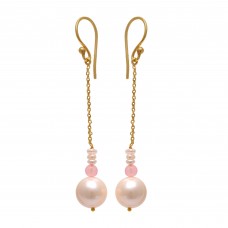  925 Sterling Silver Jewelry  Round  Shape Pearl Rose Chalcedony  Gold Plated Earrings