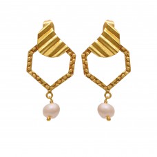  925 Sterling Silver Jewelry   Round Shape Pearl Gemstone Gold Plated Earrings