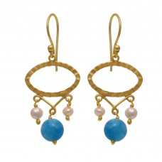  925 Sterling Silver Jewelry    Round Shape Pearl & Aqua Chalcedony  Gemstone Gold Plated Earrings