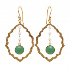  925 Sterling Silver Jewelry    Round Shape Green Apatite & White Moonstone  Gemstone Gold Plated Earrings
