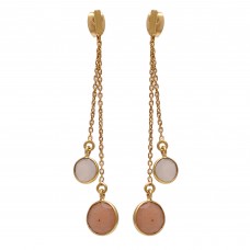  925 Sterling Silver Jewelry    Round Shape White Moonstone & Peach Moonstone Gemstone Gold Plated Earrings