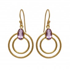  925 Sterling Silver Jewelry Oval Shape Amethyst  Gemstone Gold Plated Earrings