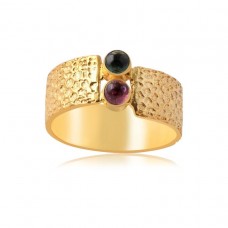 Multi Tourmaline Gemstone Ring hammered Texture Band 925 Sterling Silver Ring With Gold Plated Bezel Setting Classic Fashionable Gemstone Jewelry Ring For Unisex.