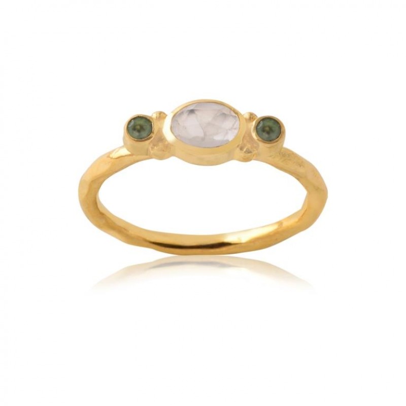 
									Oval Cut Rainbow Moonstone & Round Cut Peridot Gemstone Ring 925 Sterling Silver  Ring With Gold Plated Bezel Setting Fashionable Ring for Women.