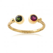 Round Cut Tourmaline Gemstone Ring 925 Sterling Silver Ring With Gold Plated Bezel Setting Trendy Fashionable Adjustable Ring For Women.