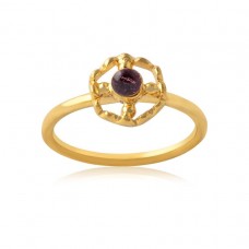 925 Sterling Silver Ring With Gold Round Cab Rhodonite Gemstone Ring Bezel Setting Fashionable Ring For Women.