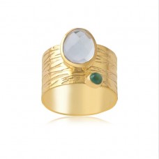 925 Sterling Silver Ring With Gold Plated Oval Cut Rainbow Moonstone & Round Cab Green Onyx Gemstone Ring Bezel Setting Gemstone Jewelry Ring.