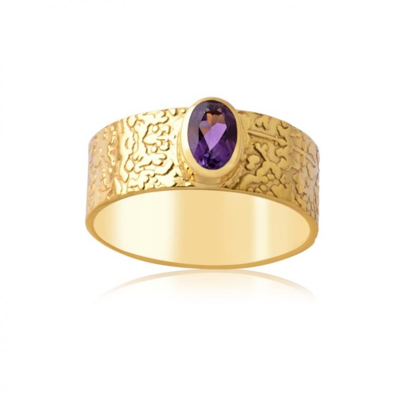 
									Oval Cut Amethyst Gemstone Ring 925 Sterling Silver With Gold Plated Texture Ring Band Bezel Setting Classic  Gemstone Jewelry Ring For Unisex.