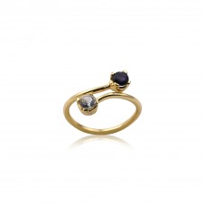 Round Cut Blue Sapphire & Black Rutile Gemstone Adjustable Ring 925 Sterling Silver Ring With Gold Plated Prong Setting Fashionable Ring for Women. 