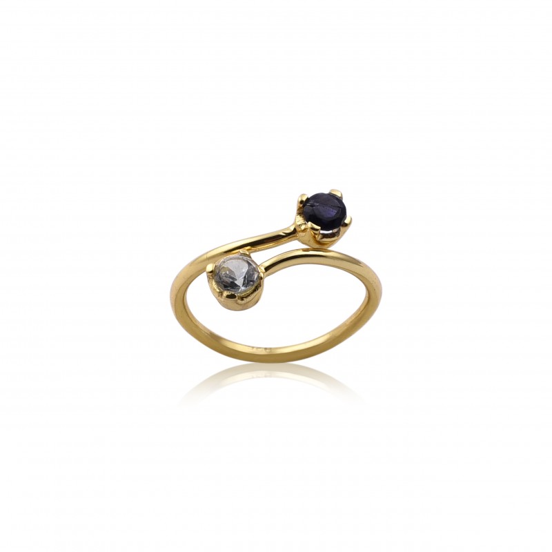 
									Round Cut Blue Sapphire & Black Rutile Gemstone Adjustable Ring 925 Sterling Silver Ring With Gold Plated Prong Setting Fashionable Ring for Women. 