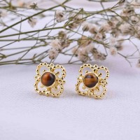 Tiger's Eye Stud Earrings, Sterling Silver Studs, Unique Gem Earrings, Golden Brown Stone, Gold Plated Earring, Tigers Eye Jewelry