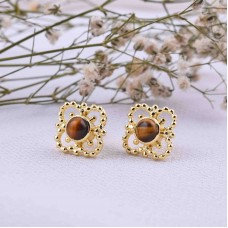 Tiger's Eye Stud Earrings, Sterling Silver Studs, Unique Gem Earrings, Golden Brown Stone, Gold Plated Earring, Tigers Eye Jewelry