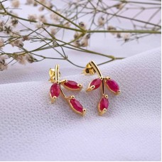 Dainty Studs, Tiny Red Twig Stud Earring, Sterling Silver With Gold Plated, Flower Stud Earrings, Marquise Leaf Earrings, gift for her