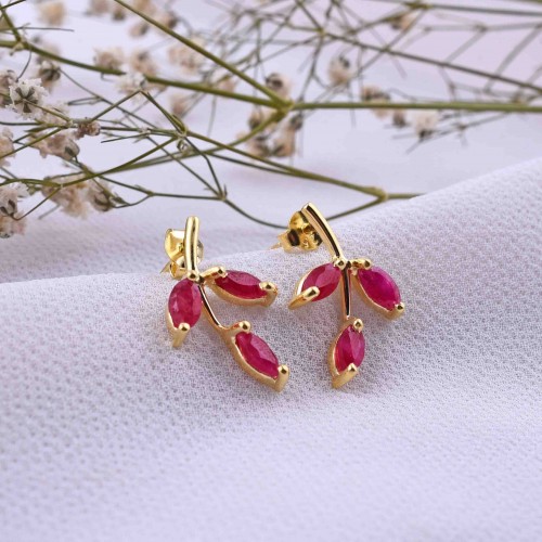 Dainty Studs, Tiny Red Twig Stud Earring, Sterling Silver With Gold Plated, Flower Stud Earrings, Marquise Leaf Earrings, gift for her
