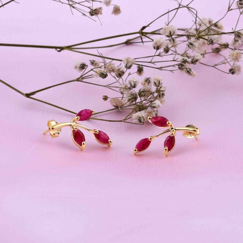 Dainty Studs, Tiny Red Twig Stud Earring, Sterling Silver With Gold Plated, Flower Stud Earrings, Marquise Leaf Earrings, gift for her