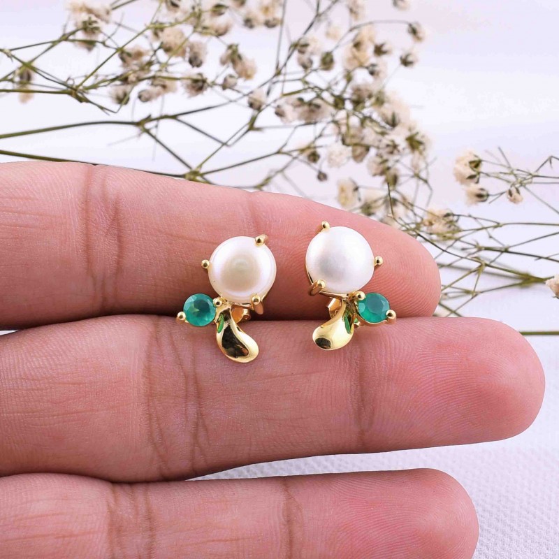 Pearl Stud Earrings, Onyx Stud, Dainty Pearl Earrings, Gem Gold Stud Earrings, 925 Sterling Silver, Apple Stud, Minimalist Jewelry