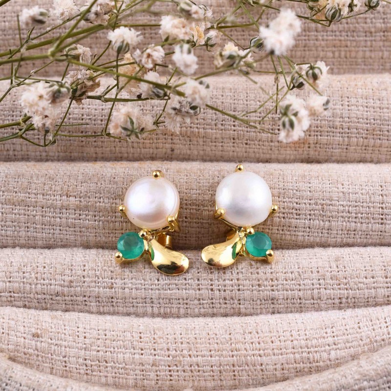 Pearl Stud Earrings, Onyx Stud, Dainty Pearl Earrings, Gem Gold Stud Earrings, 925 Sterling Silver, Apple Stud, Minimalist Jewelry