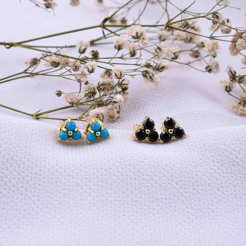 Tiny Gold Studs, Three Turquoise Stud Earrings, Minimalist stud earrings, Silver Tiny Studs, Dainty Stud Earrings, Everyday Jewelry