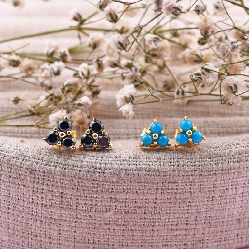 Tiny Gold Studs, Three Turquoise Stud Earrings, Minimalist stud earrings, Silver Tiny Studs, Dainty Stud Earrings, Everyday Jewelry