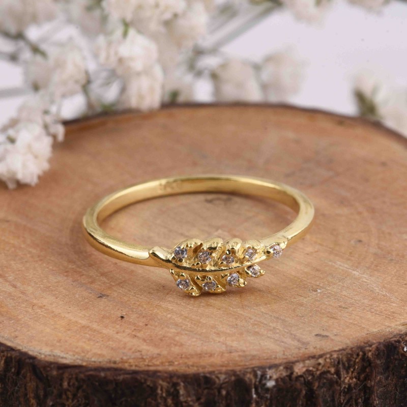 TRENDY Gold Leaf Ring, Sterling Silver Leaf Ring, CZ Leaves Ring, Wedding Jewelry, Tiny Leaves Ring - 2 Colours Available, Modern Ring