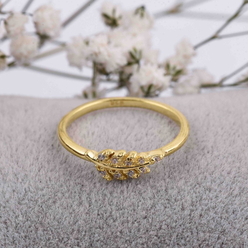 TRENDY Gold Leaf Ring, Sterling Silver Leaf Ring, CZ Leaves Ring, Wedding Jewelry, Tiny Leaves Ring - 2 Colours Available, Modern Ring