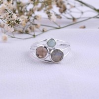 Gemstone Ring, 925 Sterling Silver Ring, Aqua Chalcedony, Smoky & Labradorite Ring, Statement Birthstone, Multi Stones, Gift for her