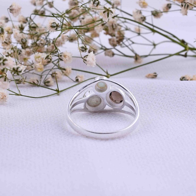 Gemstone Ring, 925 Sterling Silver Ring, Aqua Chalcedony, Smoky & Labradorite Ring, Statement Birthstone, Multi Stones, Gift for her