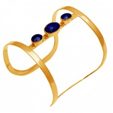 Oval Shape Blue Sapphire Gemstone 925 Sterling Silver Gold Plated Bangle Jewelry