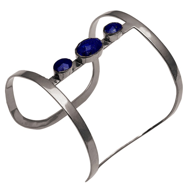 Oval Shape Blue Sapphire Gemstone 925 Sterling Silver Gold Plated Bangle Jewelry