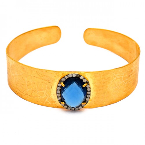 Pave Cubic Zirconia Blue Quartz Gemstone 925 Sterling Silver Gold Plated Bangle Jewelry