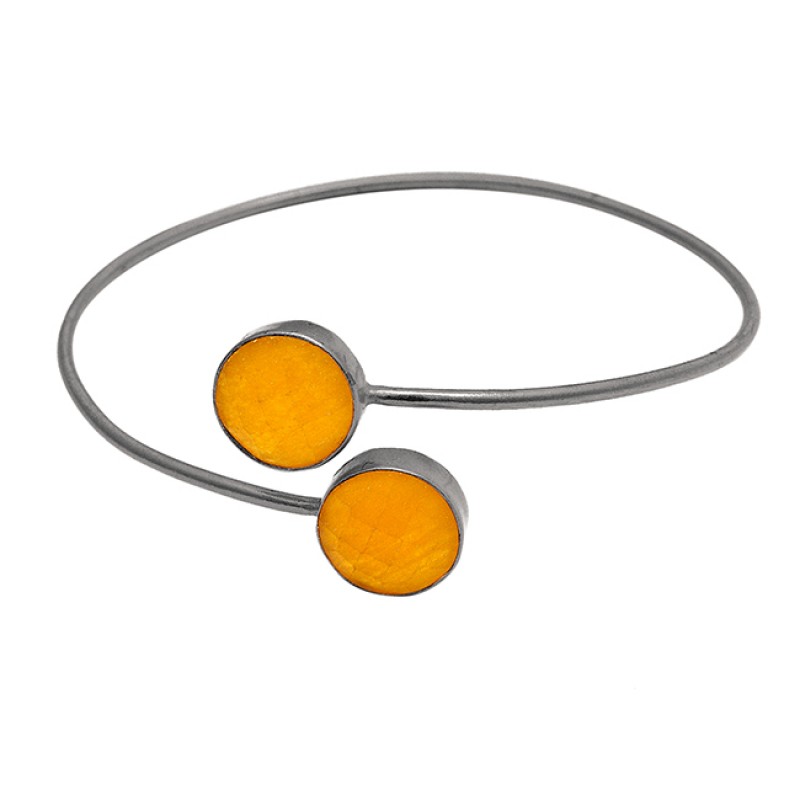 Round Shape Yellow Jade Gemstone 925 Sterling Silver Gold Plated Bangle