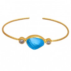 Chalcedony Crystal Quartz Gemstone 925 Sterling Silver Gold Plated Bangle