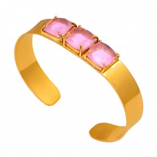 Square Shape Rose Chalcedony Gemstone 925 Sterling Silver Gold Plated Bangle