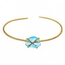 Blue Topaz Rough Gemstone 925 Sterling Silver Gold Plated Bangle Jewelry