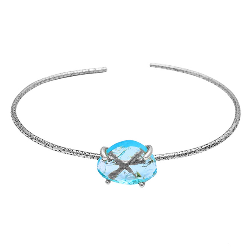 Blue Topaz Rough Gemstone 925 Sterling Silver Gold Plated Bangle Jewelry