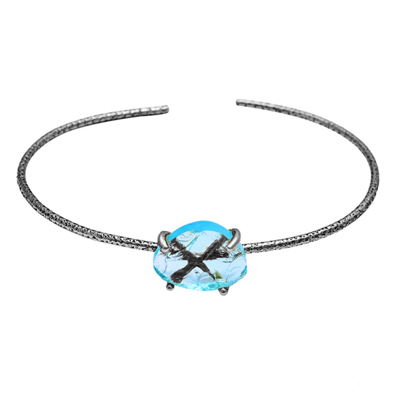 Blue Topaz Rough Gemstone 925 Sterling Silver Gold Plated Bangle Jewelry