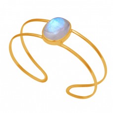 Oval Shape Moonstone 925 Sterling Silver Gold Plated Adjustable Bangle 