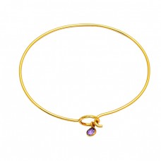 Round Shape Amethyst Gemstone 925 Sterling Silver Gold Plated Bangle