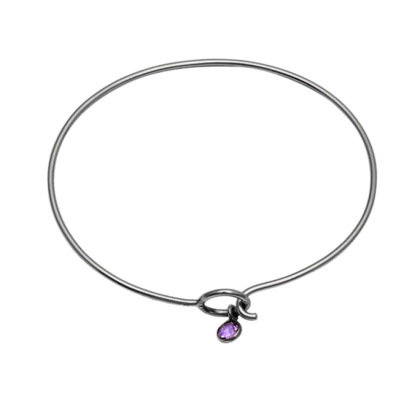 Round Shape Amethyst Gemstone 925 Sterling Silver Gold Plated Bangle