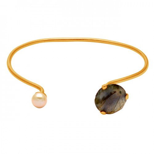 Grey Labradorite & Pearl round sterling silver gold plated bangle jewelry