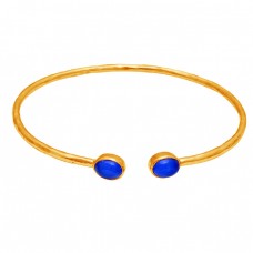 Oval Shape Blue Chalcedony Gemstone 925 Silver Gold Plated Bangle Jewelry