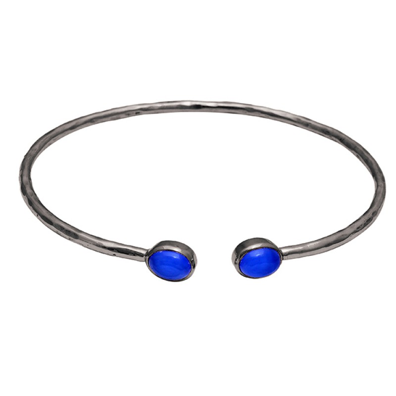 Oval Shape Blue Chalcedony Gemstone 925 Silver Gold Plated Bangle Jewelry